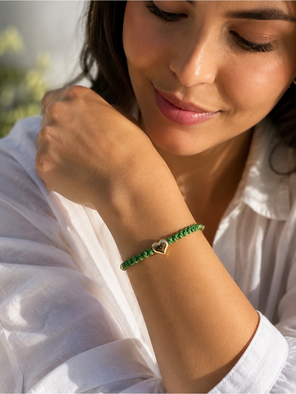 Handmade Green Macrame Stainless Steel Puffed Heart Adjustable Bracelet Cottage